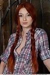 Pale teen Michelle H letting red hair free from pigtails while undressing