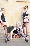 Three luscious school girls in stockings flashing boobs while smoking