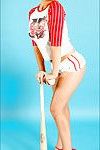 Big titted baseball player posing topless and stripping off panties