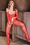 Glamour pornostar in rosso Pizzo bodystockings ottenere off Con un dildo