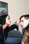 Hot brunette mistresses show their power on a fleshy sub guy