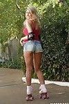 Sports babe in tight shorts feels her spread cunt outdoor