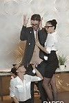 Brunette office chicks in glasses and nylons jerk off cock in threesome