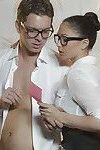 Brunette office chicks in glasses and nylons jerk off cock in threesome