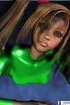 3d toon wiht pigtails in green outfit