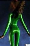3d toon wiht pigtails in green outfit
