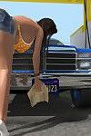 groot breasted Topless 3d Brunette hottie wassen een Auto