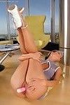 Hot babe Lexa in flight uniform takes off panties for masturbating