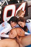 Three racing girls with shaved cunts are into CFNM groupsex outdoor