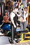 Busty chicks in workout clothes taking hardcore cumshot in mouth