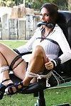 Leggy brunette MILF Jennifer Dark chained to office chair during rough sex