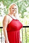 Pierced mature fatty in red dress flashes nude upskirt & exposes huge breasts