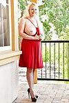 Pierced mature fatty in red dress flashes nude upskirt & exposes huge breasts