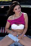 Brunette Lexi sheds shorts & white panties outdoors for huge nipples closeup