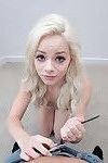Tattooed blonde teen Elsa Jean swallowing cum after blowing big cock