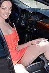 Sexy clothed girl flashes nude upskirt in the car & gets face covered in cum