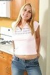 Blonde amateur Alanah Rae masturbating shaved teen pussy in kitchen