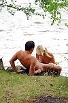 Lecherous blonde gives head and gets fucked for cum in mouth outdoor