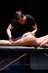 Blindfolded pornstar Peta Jensen is massaged by two men before DP