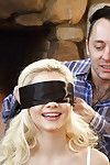 Blindfolded blonde teen Elsa Jean taking cum on face after giving oral sex