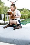 Redheaded amateur model is bound outdoors for BDSM sex games
