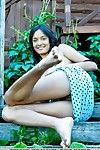 Very skinny Chandra A spreading outdoors to flash petite hairy pussy upskirt
