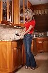 Busty mature Jordan kitchen solo by finring and posing the pussy and as