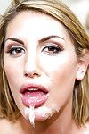 Busty teen August Ames taking jism on face after giving BJ in lingerie