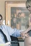 Bespectacled blonde bimbo Staci gets her pussy nailed in the office